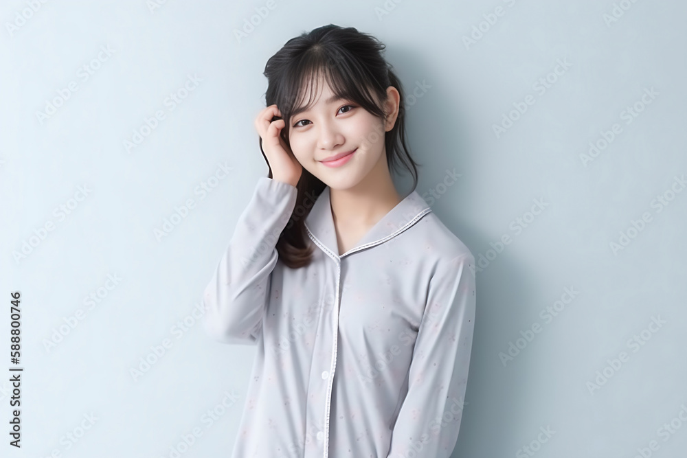 Pajamas on a Beautiful Asian Japanese Girl 16-30 years old, looks at the camera on White Background. generative AI Pajamas on a Beautiful Asian Japanese Girl 16-30 years old, looks at the camera on White Background. generative AI