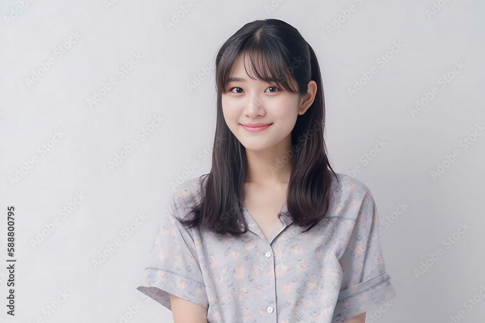 Pajamas on a Beautiful Asian Japanese Girl 16-30 years old, looks at the camera on White Background. generative AI Pajamas on a Beautiful Asian Japanese Girl 16-30 years old, looks at the camera on White Background. generative AI