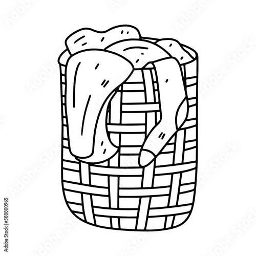 Basket with dirty clothes in hand drawn doodle style. Vector illustration isolated on white background. Coloring book.