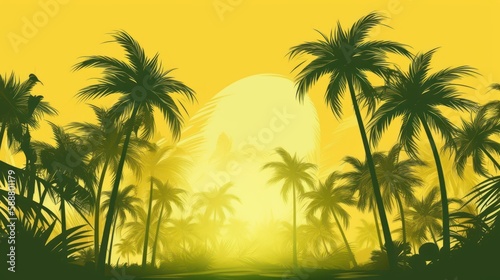 Sunset with palm trees, beach, nature, illustration, vector © Enea