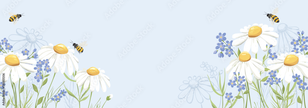 Summer banner with bouquet. Birthday, Wedding or Mothers Day illustration. Vector design element, blue forget-me-nots and chamomile.