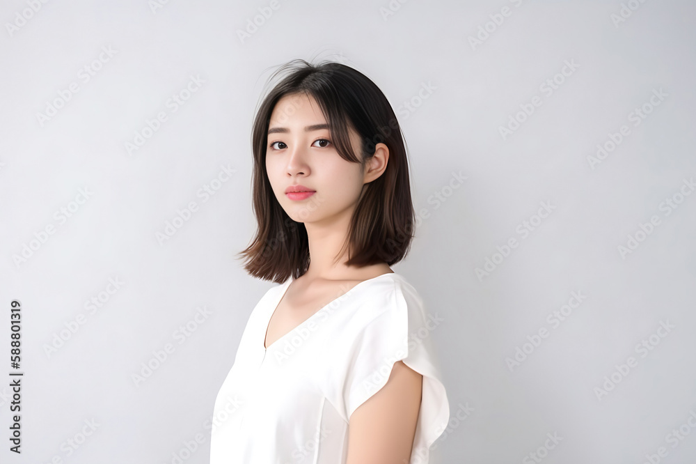 Smart Casual Office Shirt uniform Girl Teenager - Adult stands in front of White Background. generative AI Smart Casual Office Shirt uniform Girl Teenager - Adult stands in front of White Background. generative AI