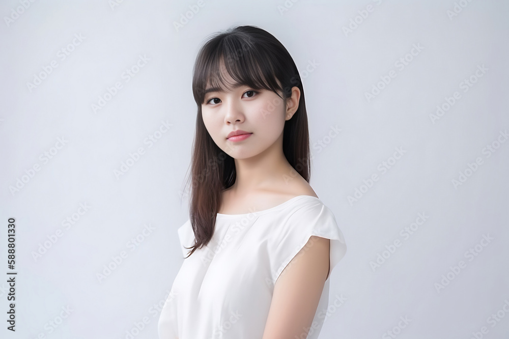Smart Casual Office Shirt uniform Girl Teenager - Adult stands in front of White Background. generative AI Smart Casual Office Shirt uniform Girl Teenager - Adult stands in front of White Background. generative AI