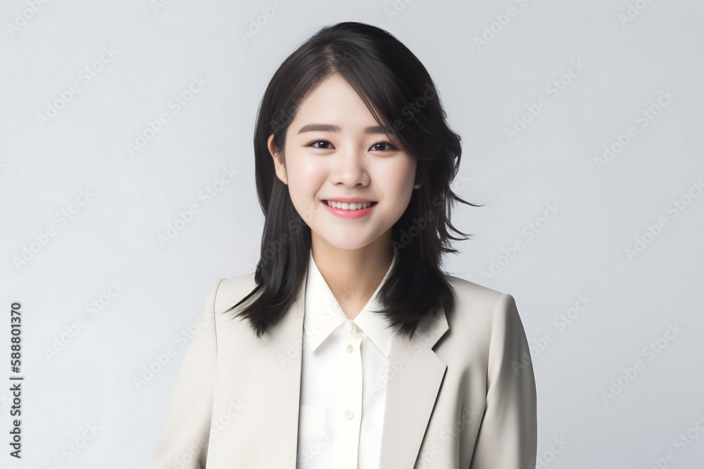 Smart Casual Office Shirt uniform Girl Teenager - Adult stands in front of White Background. generative AI Smart Casual Office Shirt uniform Girl Teenager - Adult stands in front of White Background. generative AI