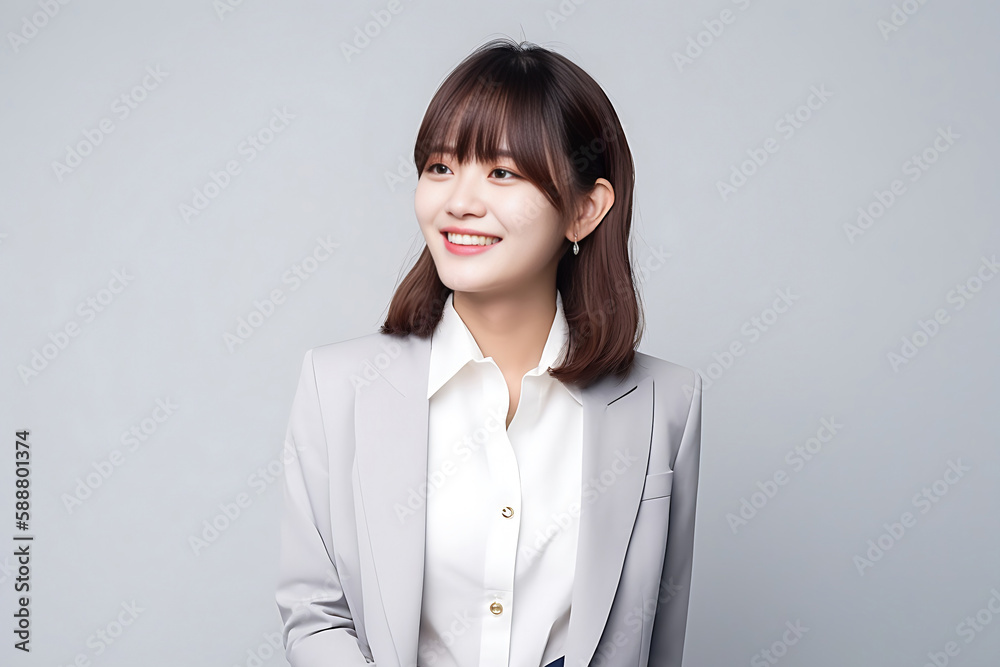 Smart Casual Office Shirt uniform Girl Teenager - Adult stands in front of White Background. generative AI Smart Casual Office Shirt uniform Girl Teenager - Adult stands in front of White Background. generative AI
