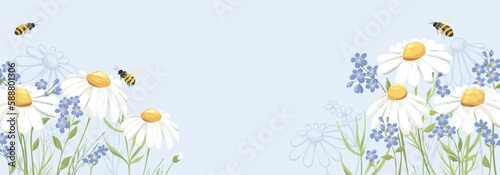 Summer banner with bouquet. Birthday, Wedding or Mothers Day illustration. Vector design element, blue forget-me-nots and chamomile.