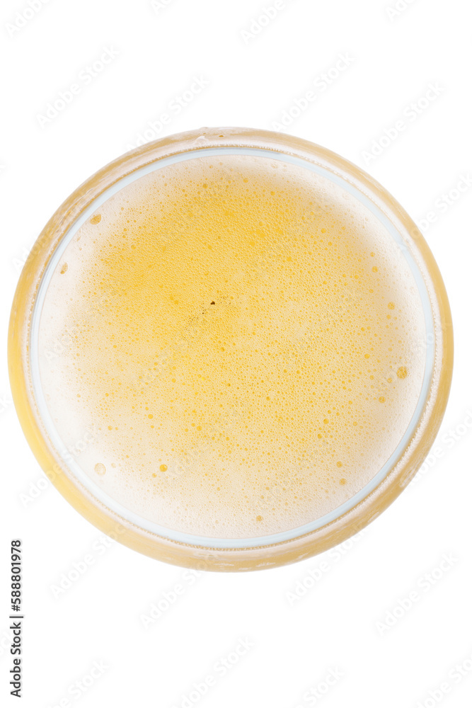 beer bubbles in Glass of light beer top view isolated on white, macro beer bubbles in Glass of light beer top view isolated on white, macro