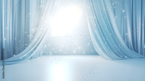 Shiny Light Blue Curtain Over White Ice for Holiday Background