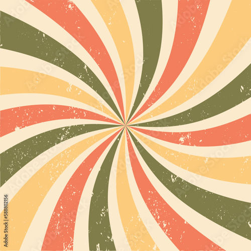 Swirling radial pattern. Vintage curved rays. Groovy retro swirl burst. Summer and carnival background. Helix rotation rays. Vector illustration © Olena