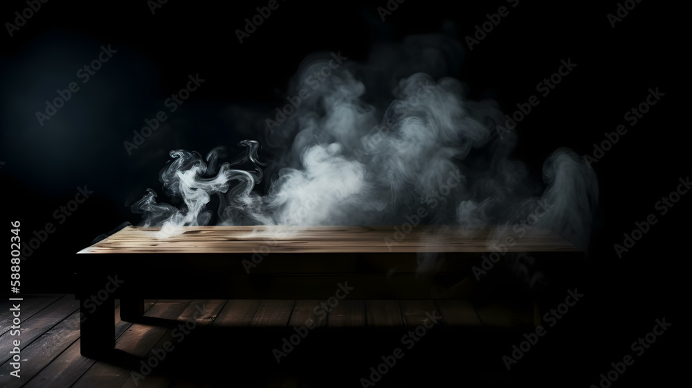 Wooden Plank Podium with Smoke in Dark Background