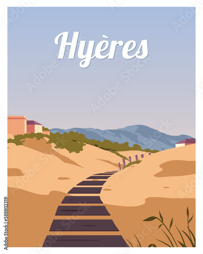 Scenic view of summer in Hyeres, France. travel poster illustration with colored style.