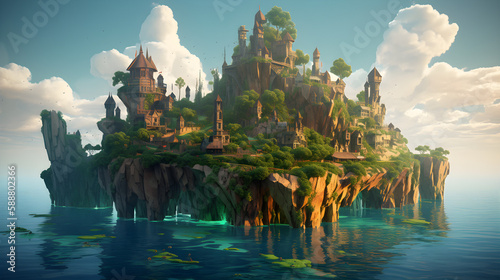 a fantasy landscape that features floating islands that are held up by magic. You could include waterfalls, towering mountains, and ancient ruins on these floating islands to make them feel like fully © alhaitham