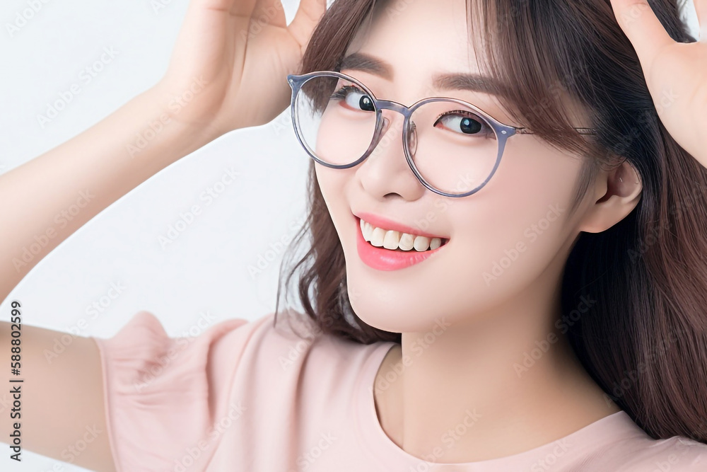 Glasses Girl with Beautiful and Pretty Face in front of white background. generative AI Glasses Girl with Beautiful and Pretty Face in front of white background. generative AI