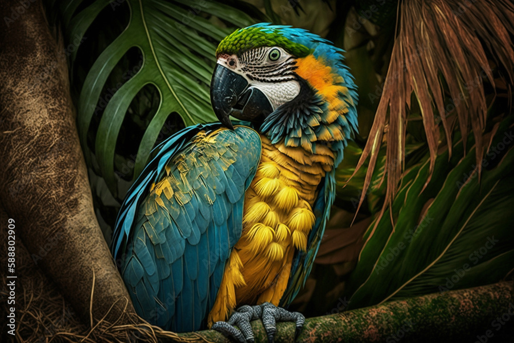 Fototapeta premium Colorful exotic jungle macaw parrot. Beautiful tropical rainforest wild and vivid vibrant colored bird close up macro. Ai generated