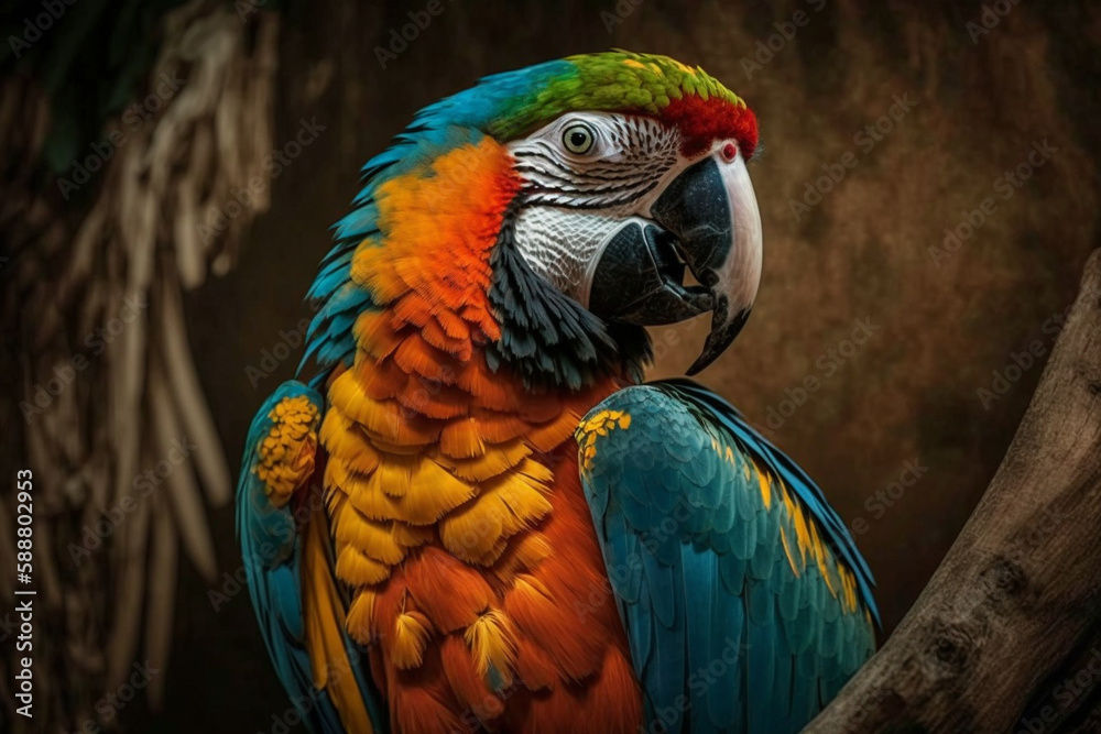Colorful exotic jungle macaw parrot. Beautiful tropical rainforest wild and vivid vibrant colored bird close up macro. Ai generated