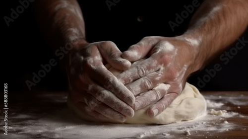 Female hands making pizza dough. Generative AI