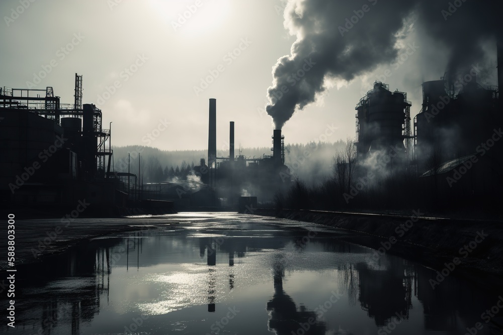 factory with smoky chimneys