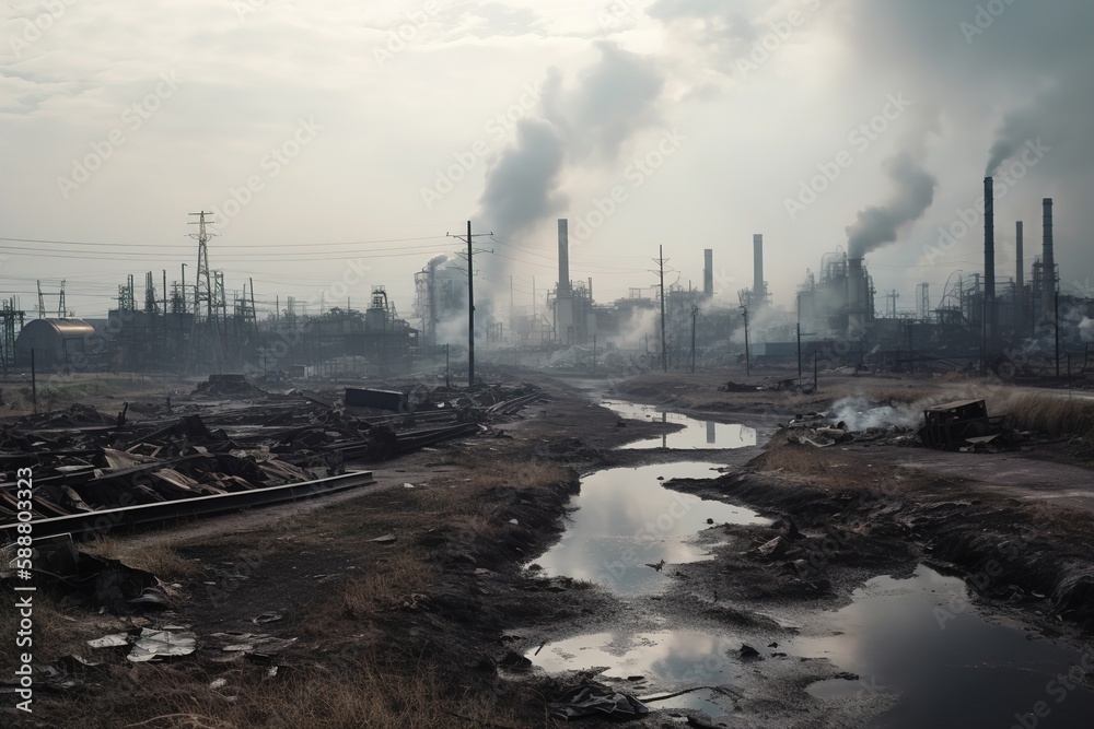 factory with smoky chimneys