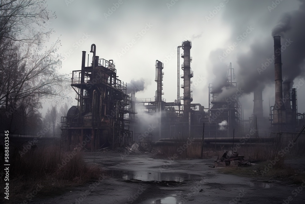 factory with smoky chimneys