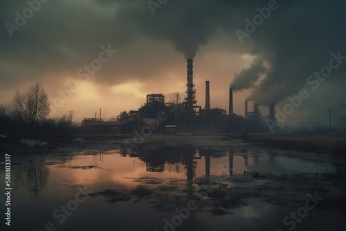 factory with smoky chimneys