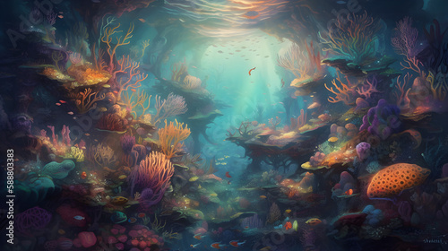 a fantasy landscape that takes place underwater,mermaids, sea monsters,colorful coral reefs ,vibrant ,fantastical world © alhaitham