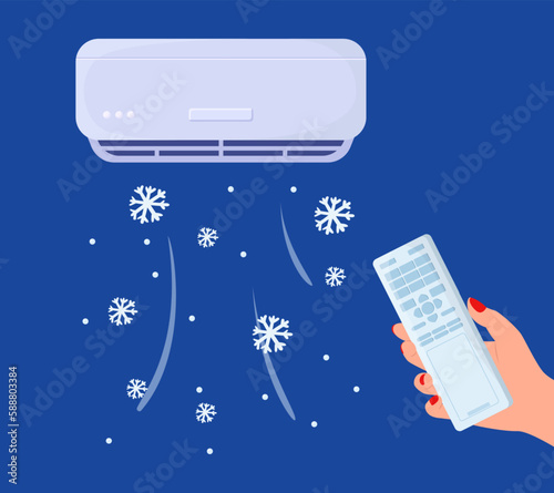 Hand holding remote control vector illustration. Air conditioner blowing cold, fresh and clean air flow on blue background. Air conditioning, purifier, filter, hot weather, summer concept
