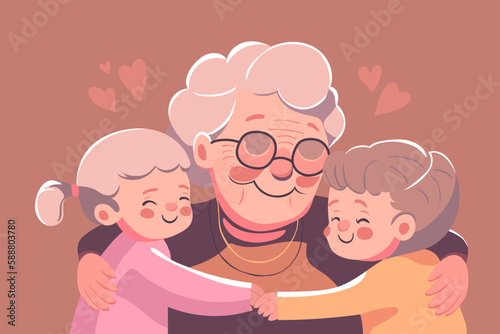 Granny and grandchildren are hugging, happy grandmother with smiling kids