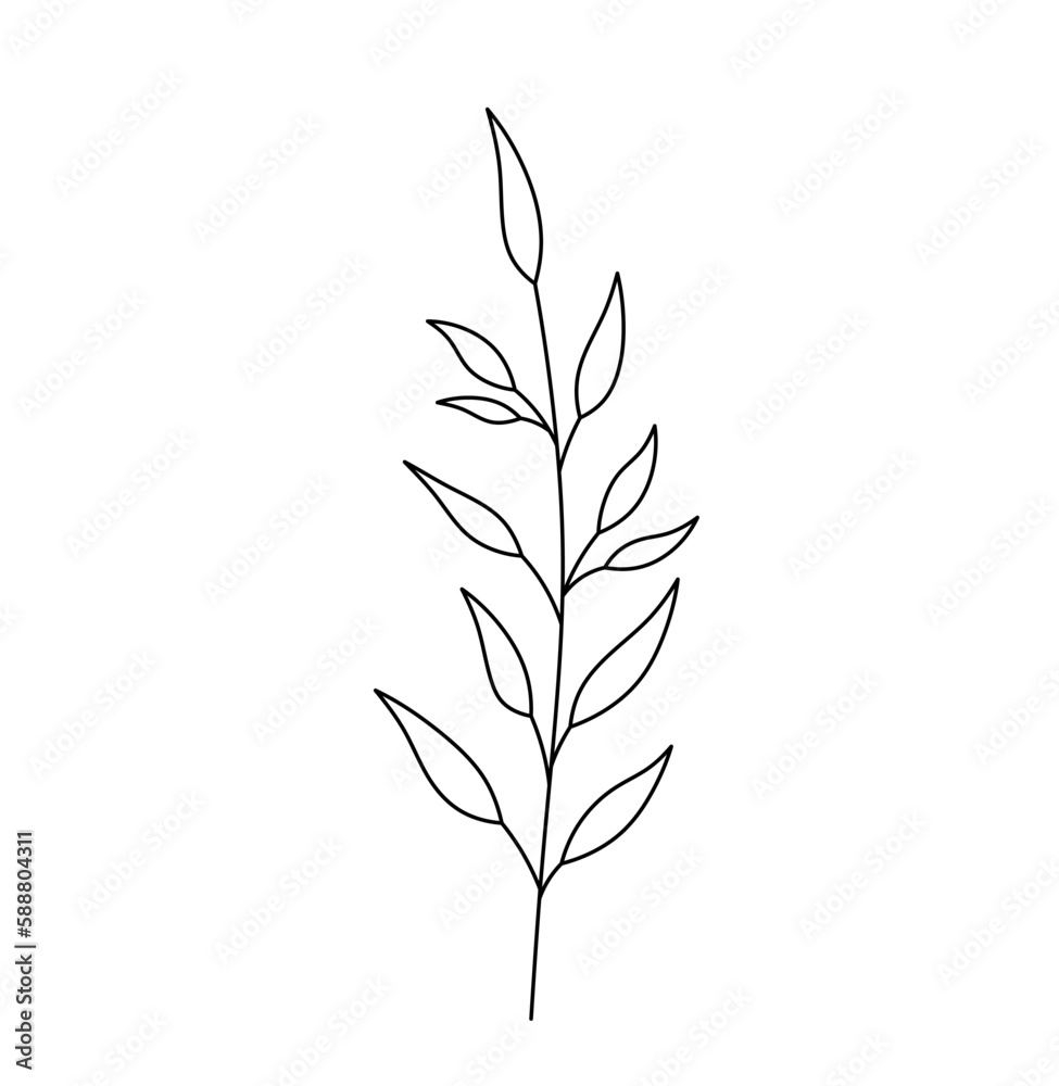 Vector isolated one single simplest vertical branch with leaves colorless black and white contour line easy drawing Vector isolated one single simplest vertical branch with leaves colorless black and white contour line easy drawing