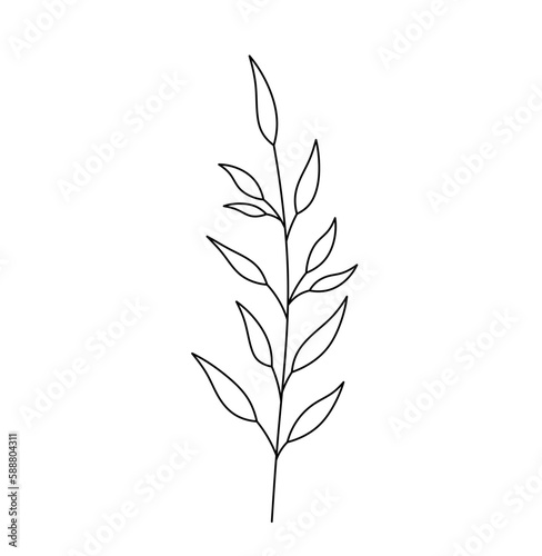 Vector isolated one single simplest vertical branch with leaves colorless black and white contour line easy drawing
