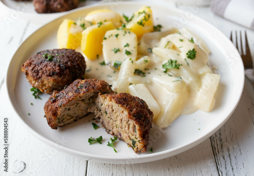 Obraz na płótnie Traditional german cuisine with pork meatballs or frikadellen. Served with cooked kohlrabi and bechamel sauce and boiled potatoes on a plate w salonie