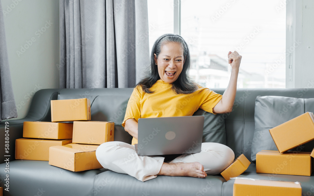 Successful asia people woman entrepreneur with parcel boxes checking email order in tablet and laptop at sofa home office SMEs small company. Successful asia people woman entrepreneur with parcel boxes checking email order in tablet and laptop at sofa home office SMEs small company.