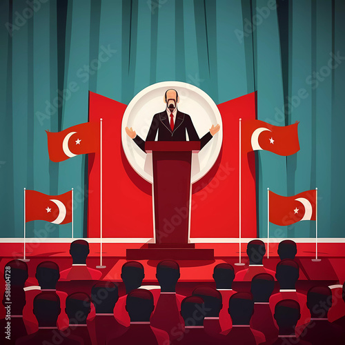 The Turkish flag stands on the podium. Speech by the President of Turkey on the background of the Turkish flag. Banner. Generative AI photo