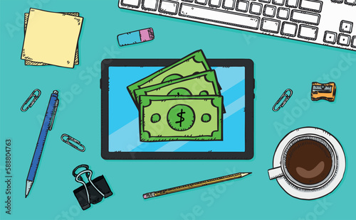 Vector graphic of a tablet with a money icons displayed on screen. Hand drawn illustration.