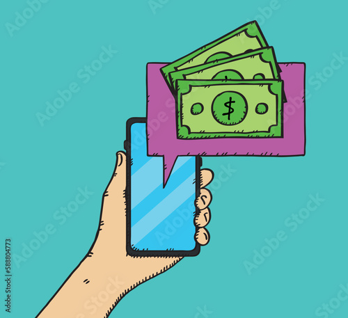 Hand drawn illustration graphic of a hand holding a cell phone with a money icon. 