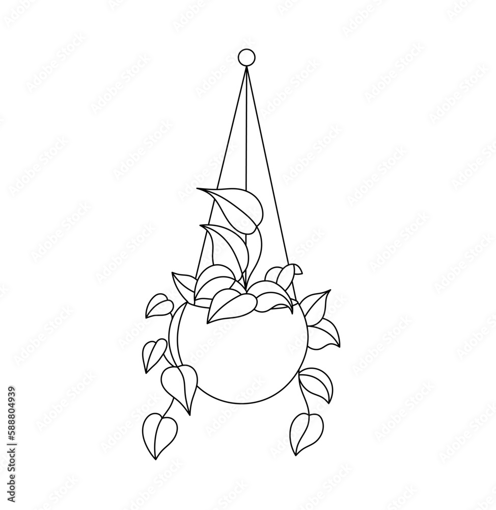 Vector isolated one single hanging flowerpot with hanging leaves lianas colorless black and