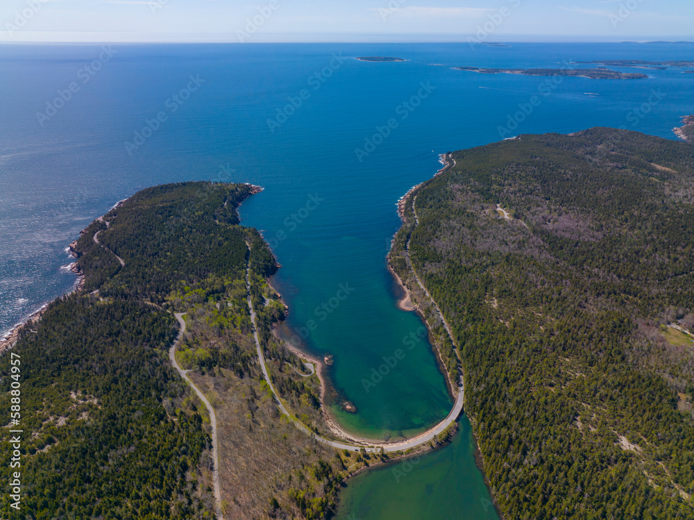 Acadia National Park aerial view including Cadillac Mountain and Otter Cove Bridge over the cove on Mt Desert Island, Maine ME, USA.  