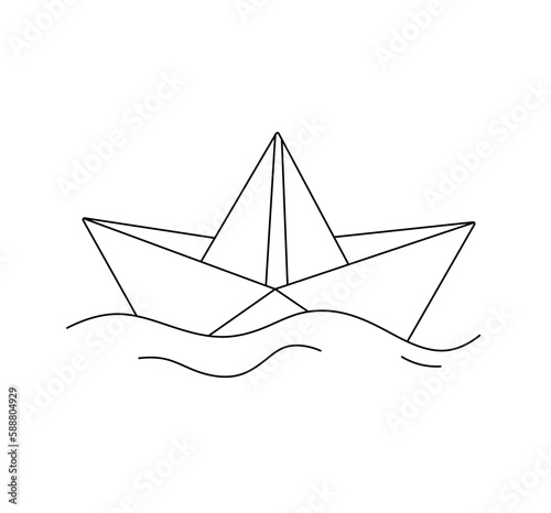 Vector isolated one single origami paper boat floating in water colorless black and white contour line easy drawing
