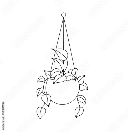 Vector isolated one single hanging flowerpot with hanging leaves lianas colorless black and white contour line easy drawing