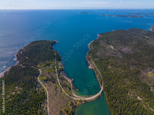 Fotografering Acadia National Park aerial view including Cadillac Mountain and Otter Cove Bridge over the cove on Mt Desert Island, Maine ME, USA
