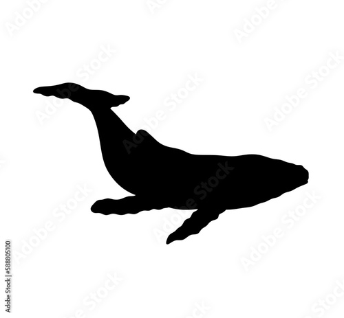 Vector isolated one single swimming floating whale  colorless black and white outline silhouette shadow shape