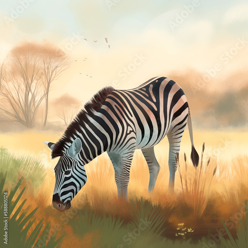 Mammal Illustration. Zebra eating in its natural habitat © Hector Pertuz