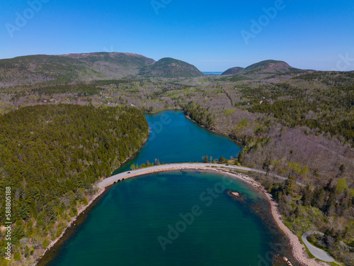 Acadia National Park aerial view including Cadillac Mountain and Otter Cove Bridge over the cove on Mt Desert Island, Maine ME, USA. 