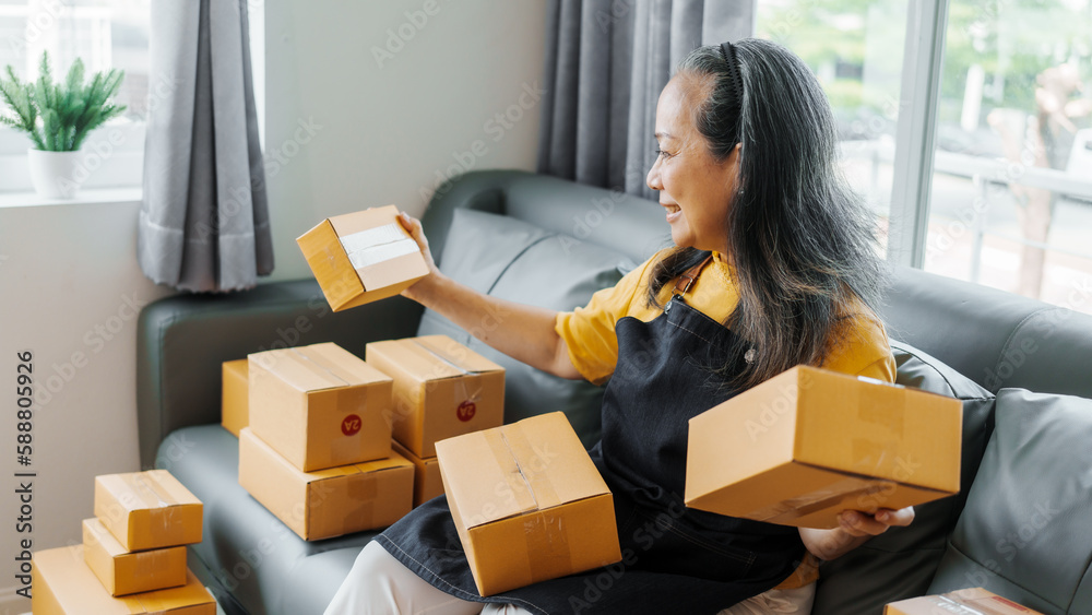 Successful asia people woman entrepreneur with parcel boxes checking email order in tablet and laptop at sofa home office SMEs small company. Successful asia people woman entrepreneur with parcel boxes checking email order in tablet and laptop at sofa home office SMEs small company.
