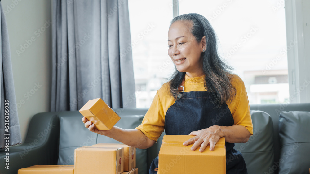 Successful asia people woman entrepreneur with parcel boxes checking email order in tablet and laptop at sofa home office SMEs small company. Successful asia people woman entrepreneur with parcel boxes checking email order in tablet and laptop at sofa home office SMEs small company.