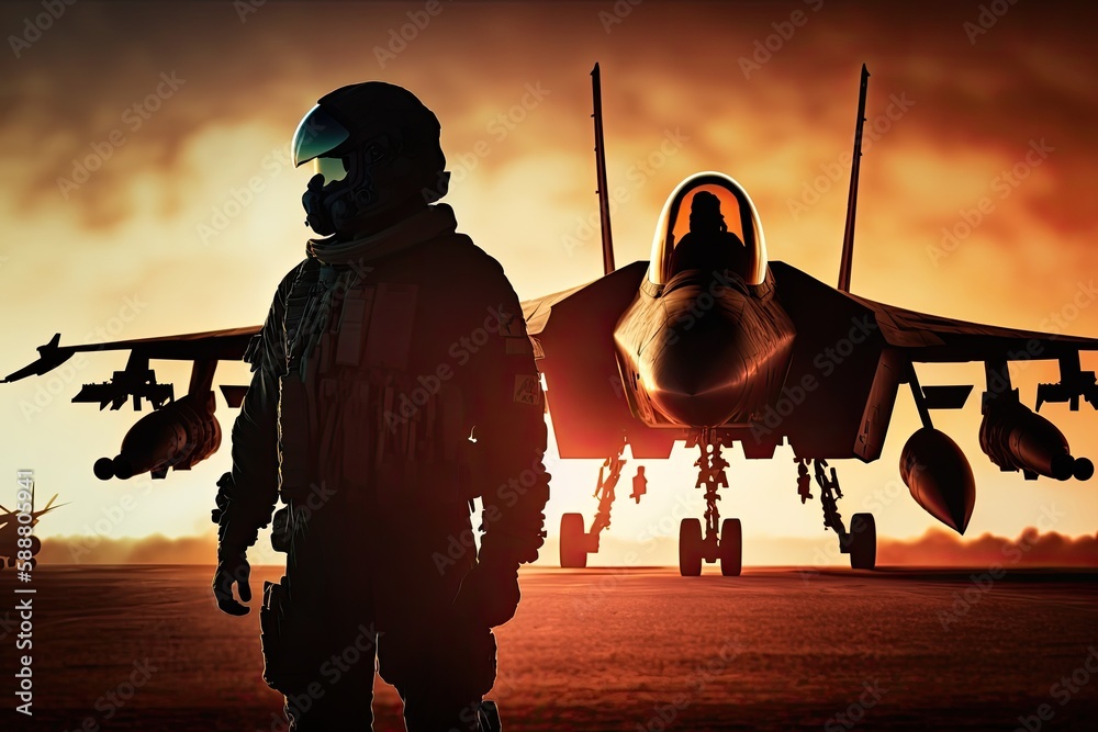 Sunset backlit view of military fighter jet pilot beside parked
