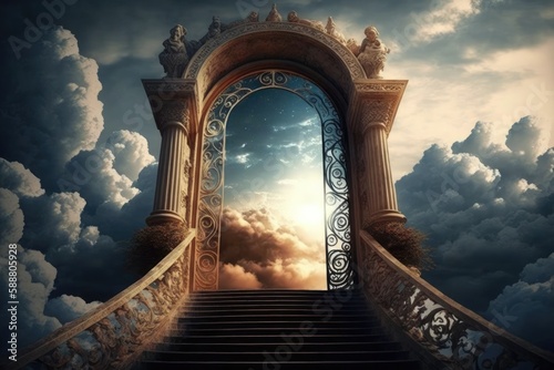 Stairway to heaven in glory, gates of Paradise. Generative AI. photo