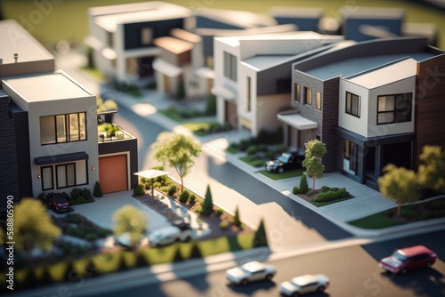 Modern generic contemporary style miniature model of townhouse neighborhood. Generative AI.