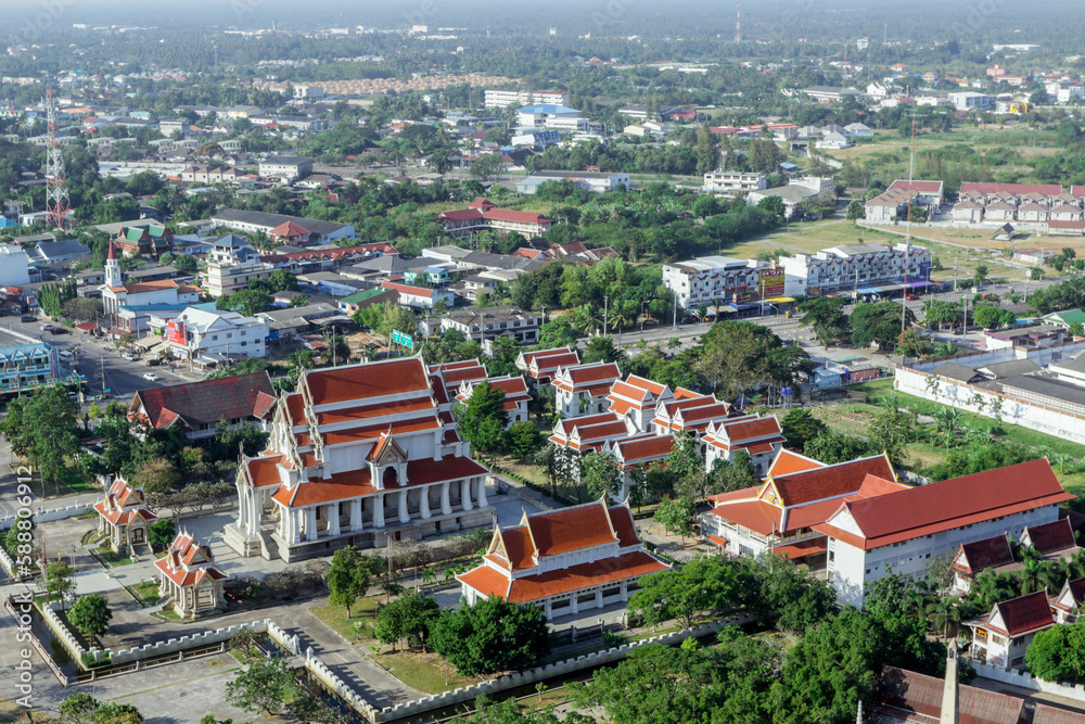 Aerial View to the Thammikaram Worawihan Buddhist Temple in Prachuap Khiri Khan, Thailand