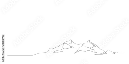 Continuous line drawing of mountain range landscape background. One single line drawing of mountain panoramic view. Line art style illustration of nature. Vector simple linear style. Doodle, handdrawn