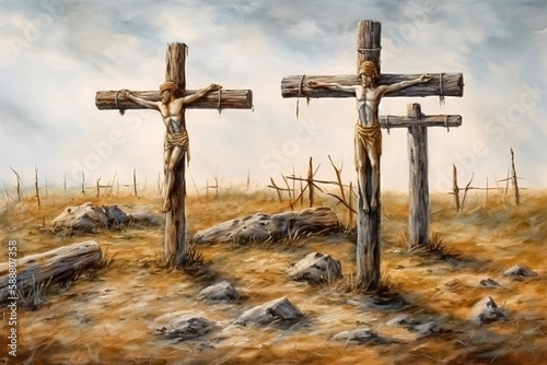 Calvary's Three Crosses: A Serene Landscape Illustrating the Place Where Jesus Christ Gave His Life for Humanity created with Generative AI technology
